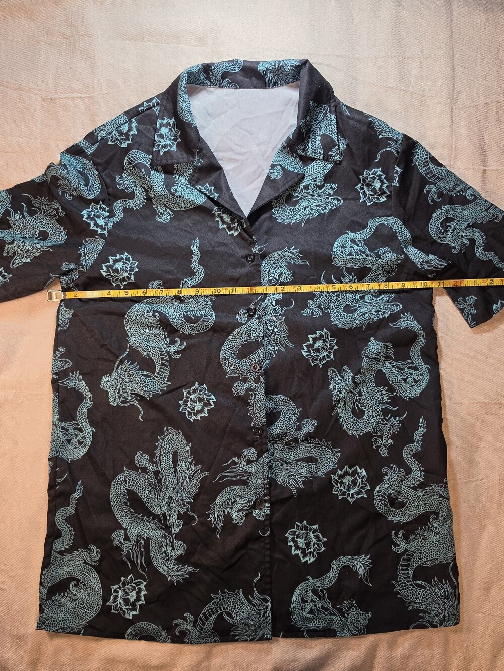Women's Turquoise Dragon Lotus Print Black Shirt Dress M